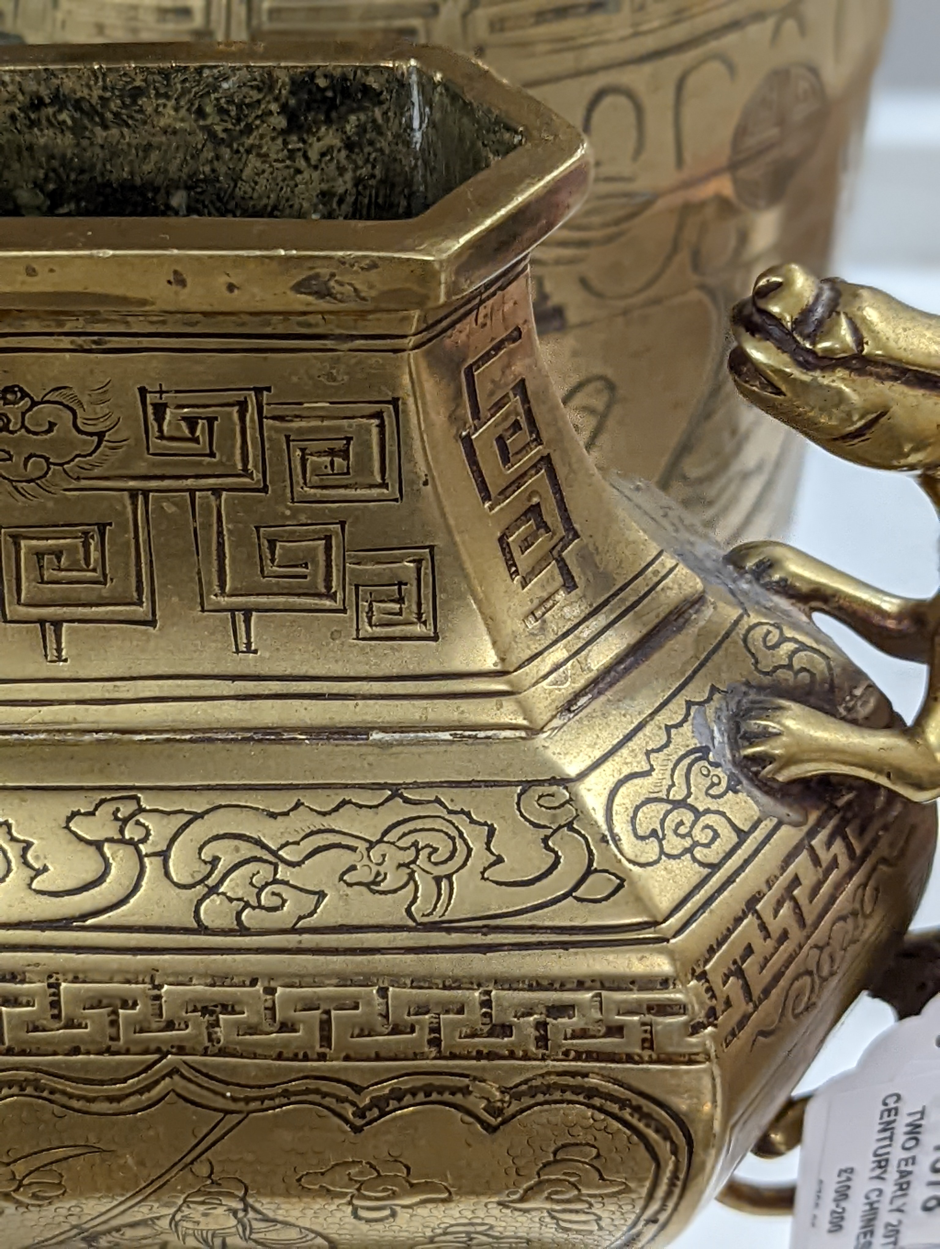Two early 20th century Chinese bronze vases and a similar tray, 35cm diam.